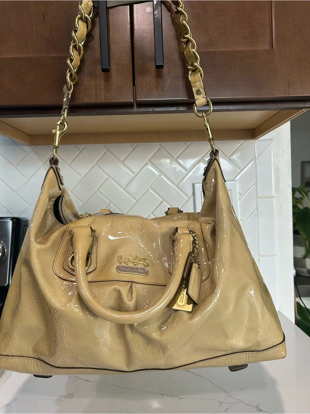 Coach Patent Leather Satchel in Beige-Tan with Gold Hardware